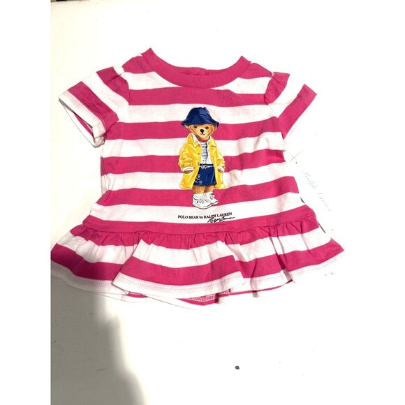 NWT Ralph Lauren Baby Girls Striped Polo Bear Peplum Tee Size 3M Pink $40 [jb] - Picture 4 of 8